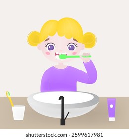 Little cute girl brushing teeth on bathroom. Flat vector illustration isolated on white background
