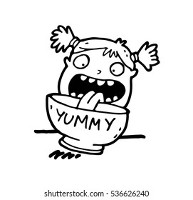 The little cute girl can not resist the temptation and not to eat sweet favorite harmful food from a bowl with inscription "yummy" on it. She ate too much and now joyfully licking the empty bowl.