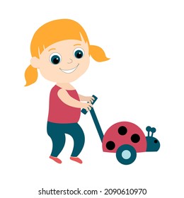 A little cute girl is carrying a toy ladybug on wheels and a cane. The child is smiling and she is happy. Cartoon red-haired character in flat style isolated on white background. 