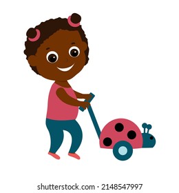 A little cute girl is carrying a toy ladybug on wheels and a cane. The child is smiling and she is happy. Cartoon style illustration isolated on white background.