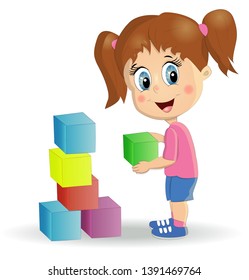 Little cute girl, cartoon style, illustration of a happy child. Kids play using kit with bright colored cubes.