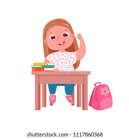 A little cute girl character at desk on lesson. Schoolgirl goes study in junior school. Books and sweet pink bag