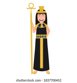 Little cute girl in cleopatra costume, ancient egyptian queen character in cartoon style on white background, gold necklace and headdress, historical leader