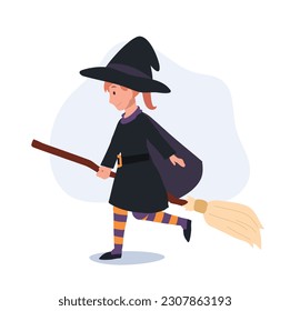 little cute girl in colorful halloween costumes as witch. Happy Halloween trick or treat. Flat Vector cartoon illustration