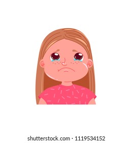 Little cute girl is crying. Sad emotion child with tears in his eyes. Vector cartoon illustration