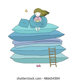 little cute girl, cushions and a ladder. isolated objects on white background. Vector illustration. 