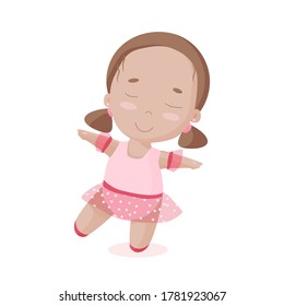 Little cute girl dancing in pink tutu skirt and dancing shoes. Vector ballerina on white background. 