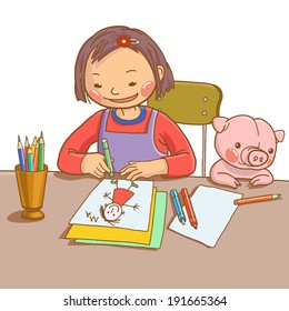 Little cute girl drawing. Children illustration for School books, magazines, advertising and more. Separate Objects. VECTOR