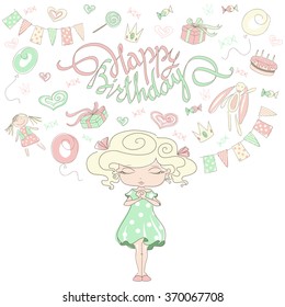 Little cute girl dreams with eyes closed about a birthday party with lettering Happy Birthday. Festive paraphernalia for child celebration. Hand-drawn sketch style vector illustration