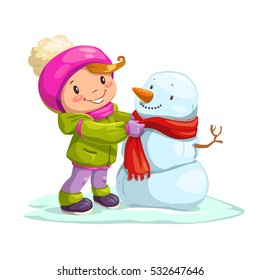 Little cute girl dressing up the snowman in a scarf. Vector cartoon winter illustration.