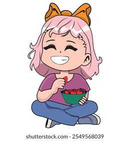 menina bonito comendo morangos, ilustração no estilo mangá, criança ilustrada no estilo anime.