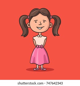 Little cute girl in fancy dress standing there looking at you and smiling. Vector illustration in cartoon style isolated on red background