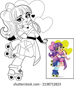 Little cute girl in a fantasy costume is rollerblading. Children's coloring book.