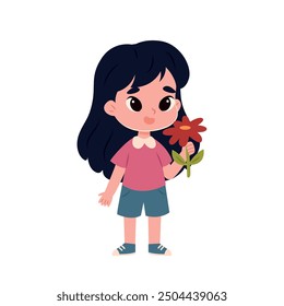little cute girl with flower in hand vector illustration 