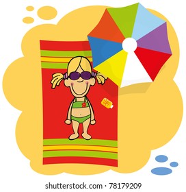 Little cute girl is getting tan on the beach