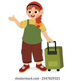 little cute girl goes traveling on summer vacation. Cute little girl goes traveling on summer vacation with suitcase. Simple character of tourist girl illustration