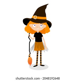 Little cute girl in halloween costume. Witch costume for Halloween party. Vector illustration