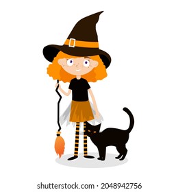 Little Cute Girl In Halloween Costume With A Black Cat. Witch Costume For Halloween Party. Vector Illustration, Eps 10