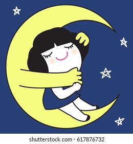 Little Cute Girl Have A Sweetest Dreams Good Night With Moon Hugs Concept Card Character illustration