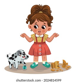 Little cute girl and her naughty dog. Vector illustration.