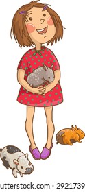 Little cute girl with her pet guinea pigs. Children illustration for School books, advertising, magazines and more. Separate Objects. VECTOR.