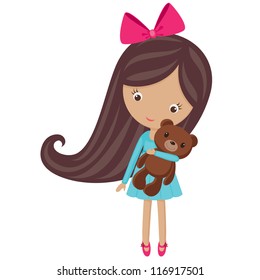 Little cute girl with her teddy bear, isolated on white