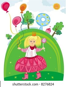 little cute girl holding balloons having fun in the park. To see more kids illustrations, please visit my gallery