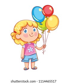 Little cute girl holding colorful balloons in their hands. Funny cartoon character. Vector illustration. Isolated on white background