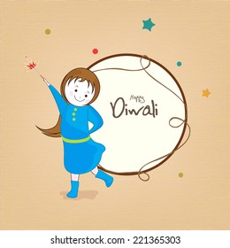Little cute girl holding fire crackers and stylish text of Diwali for Diwali celebration on a rounded frame.