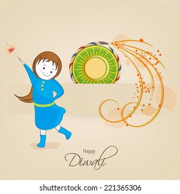 Little cute girl holding a firecrackers and stylish text of Diwali for Diwali celebration on beige background.