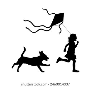 Kleines süßes Mädchen hält Drachen und läuft mit Hund Silhouette.	