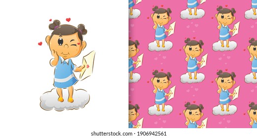 Little cute girl holding the love letter on her hands in the pattern set of illustration