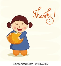 Little cute girl holding pumpkin on beige background for Thanksgiving Day celebration.