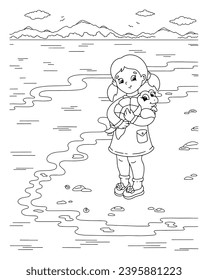 Little cute girl is holding a turtle. Coloring book page for kids. Cartoon style character. Vector illustration isolated on white background.