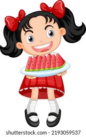 Little cute girl holding watermelon sliced plate illustration