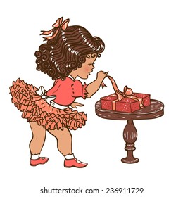 Little cute girl isolated on white background.Child in a lush skirt opens gift, vector illustration.