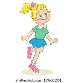 Little cute girl jumping on one leg. In a cartoon style. Isolated on white background. Vector illustration.