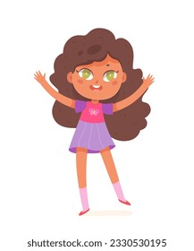 Little cute girl jumping vector illustration. Cartoon isolated happy school child with dress and long brown hair running to play and jump with fun, active playing action of funny cheerful baby kid