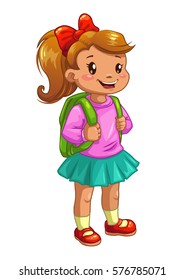Little cute girl with knapsack. Vector icon, isolated on white background.