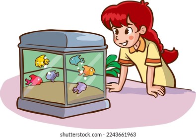 little cute girl looking at the fish in the aquarium cartoon vector illustration