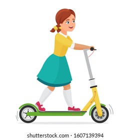 Little cute girl on electric scooter flat vector illustration. Female kid character riding eco friendly city vehicle. Child girl using urban personal transporter isolated. Active childhood.