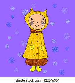 Little cute girl on purple background with snowflakes. Decorative winter card. Vector illustration. 