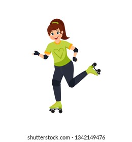 Little cute girl on roller skates. Teen rides on roller skates. Vector illustration isolated on a white background.