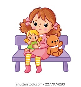 Little cute girl on white sits on a bench with toys. Vector illustration with a child on a children's theme in a cartoon style.