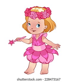 Little cute girl in a pink dress with magic wand. Cartoon character. Vector clip-art illustration on a white background.