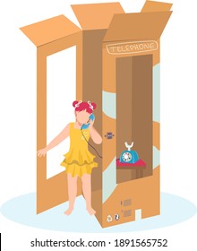 Little cute girl play telephone booth, cardboard call box, female cheerful character cartoon vector illustration, isolated on white. Creative imagine idea, plaything children fantasy payphone.