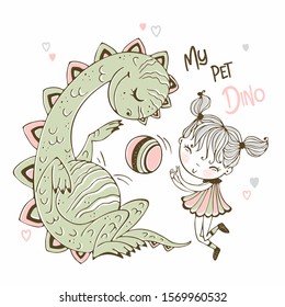 Little cute girl playing ball with her pet dinosaur. Vector.