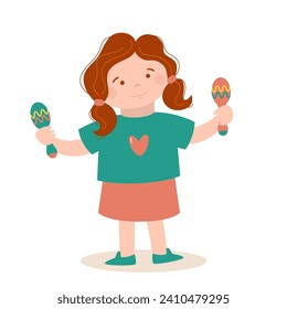 Little cute girl is playing toy childish maracas. Music vector cartoon illustration.
