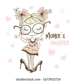 A little cute girl posing in her mother's big shoes. Vector. Mother's daughter.