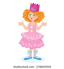 Little cute girl in a Princess costume. For a school party. In cartoon style.  Isolated on white background. Vector flat illustration.